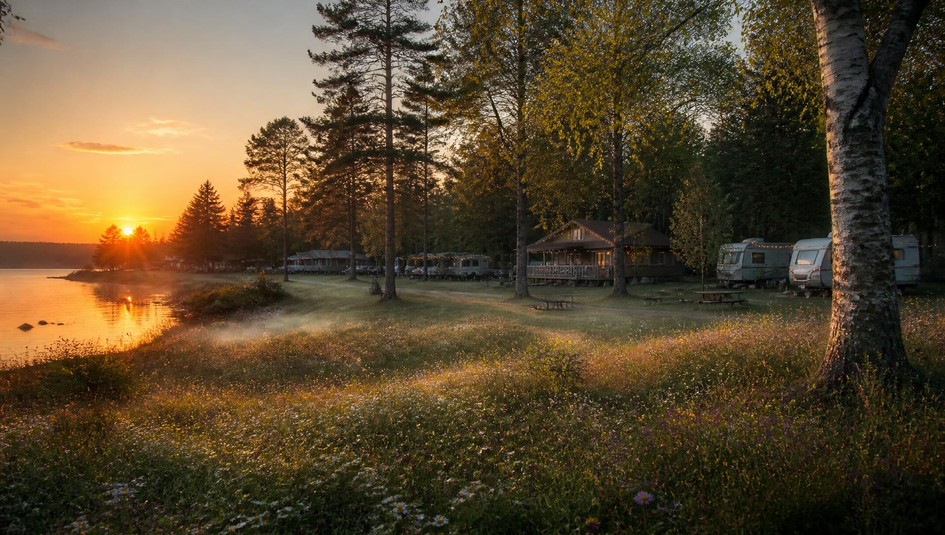 Sunset over the meadow at Little Bear Meadows with cottages and trailers among the trees